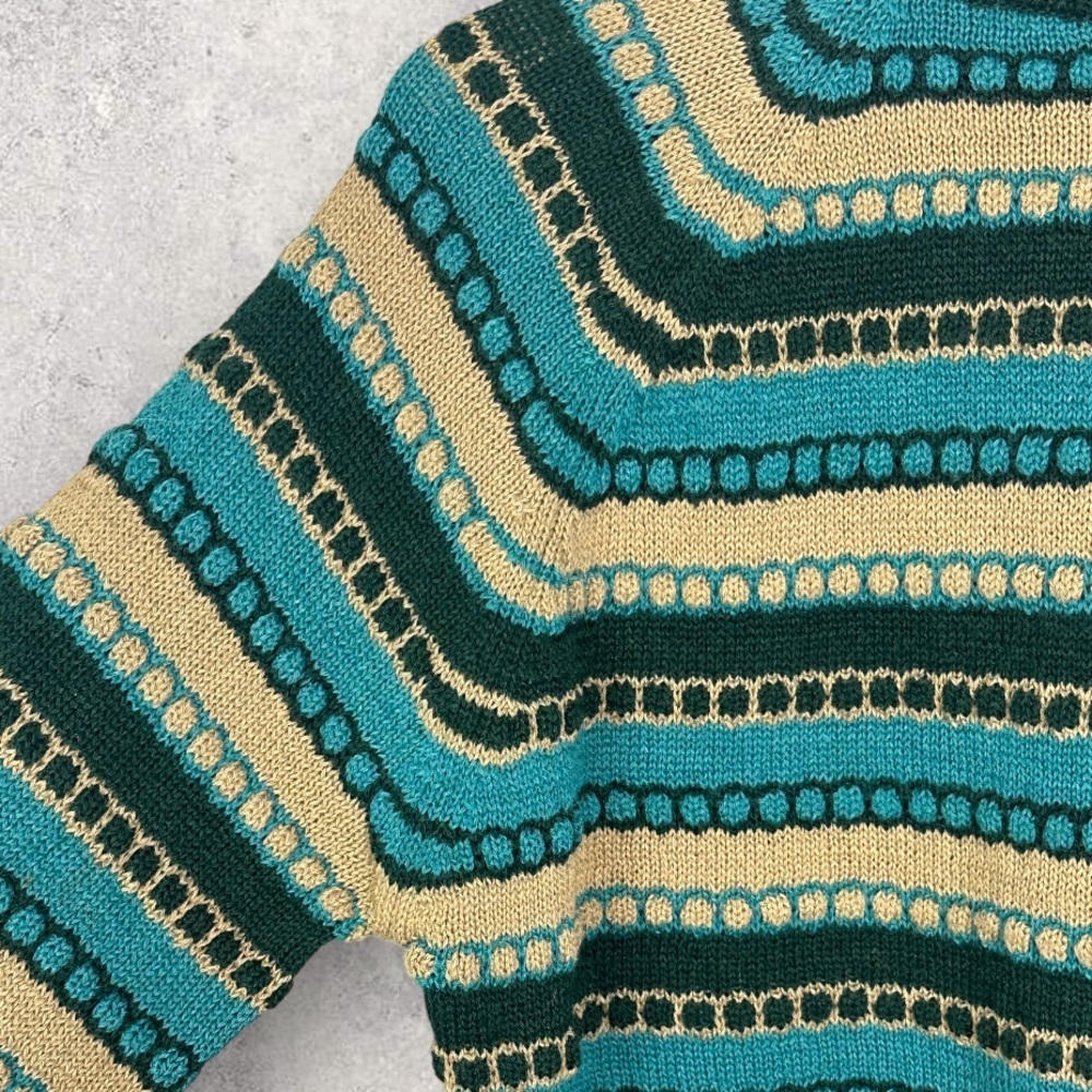 Vintage Wool Blend 3D Knit Sweater Pullover Green Teal Brown Stripe Large Zipper - Picture 5 of 11